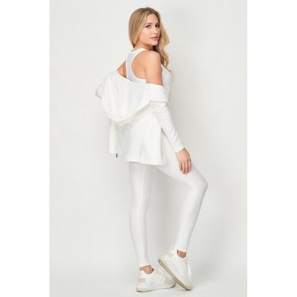 3 Pcs Activewear Yoga Set Gym Workout Textured Hoodie Top and Leggings Outfit - Picture 10 of 10